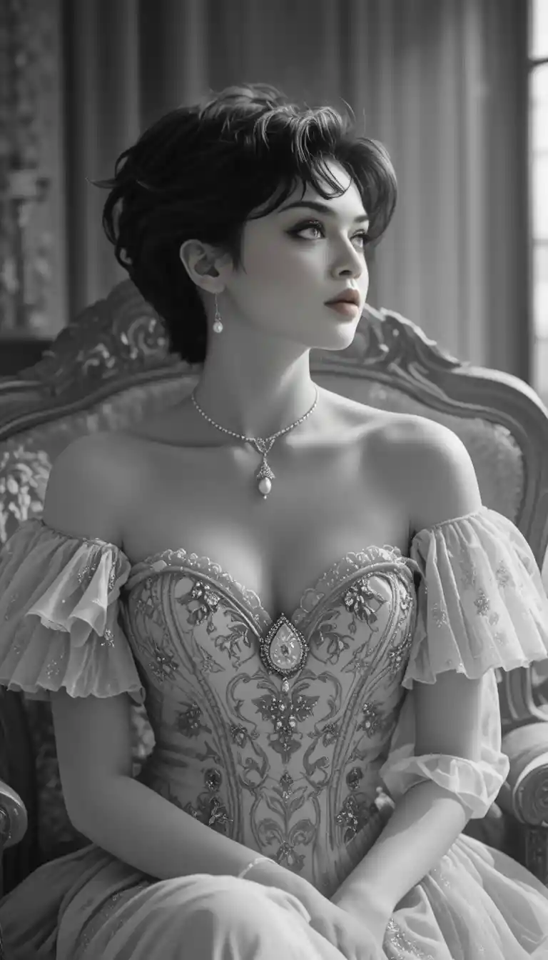 Serene woman in victorian gown seated in armchair