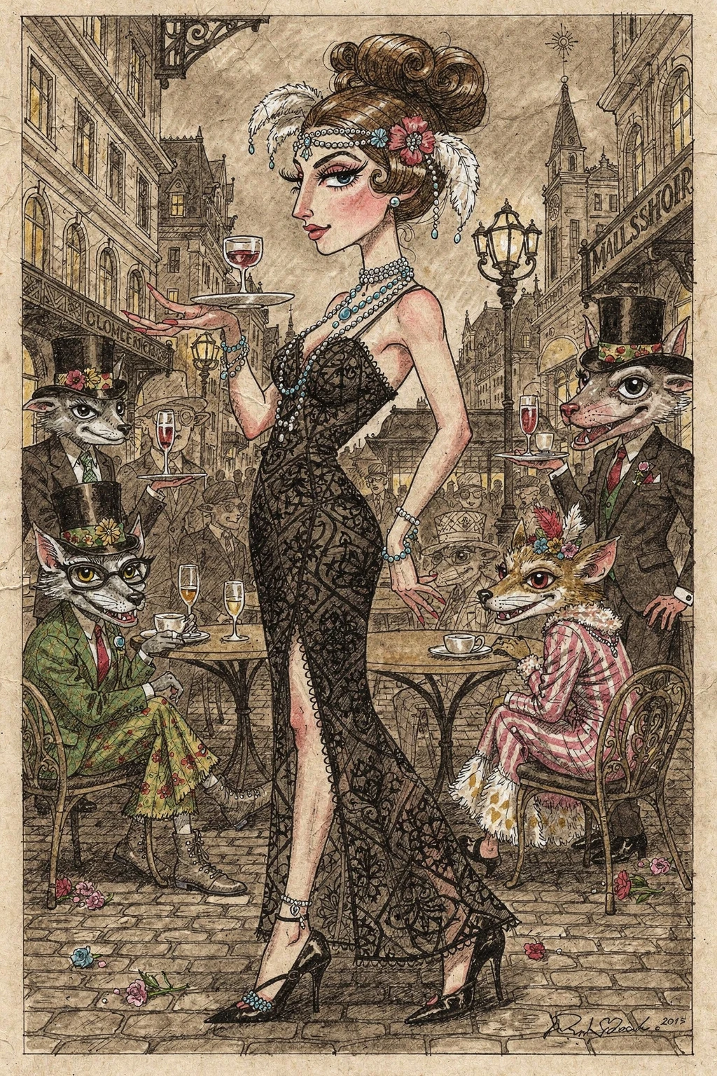 Mujer elegante de los años 20 en dibujo a tinta en calle urbana