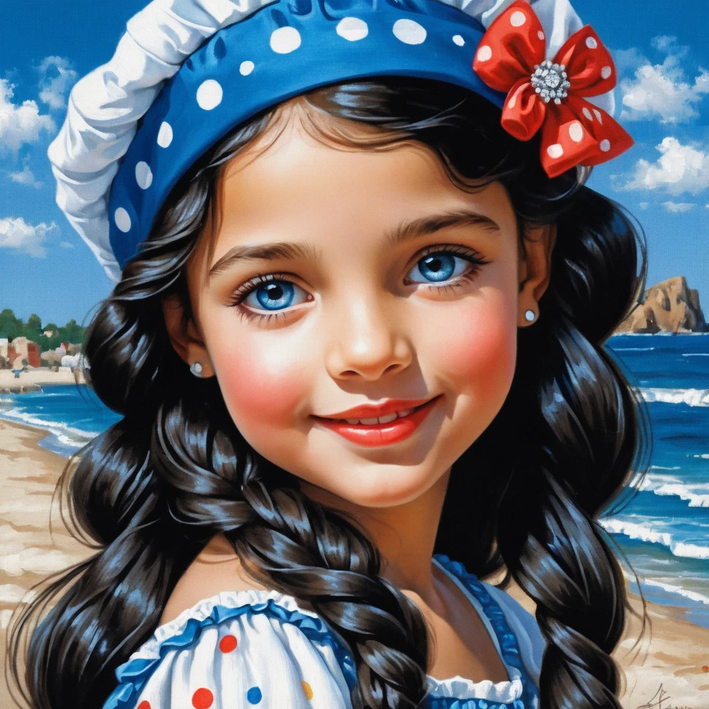 Niña sonriente con trenzas largas y conjunto de lunares