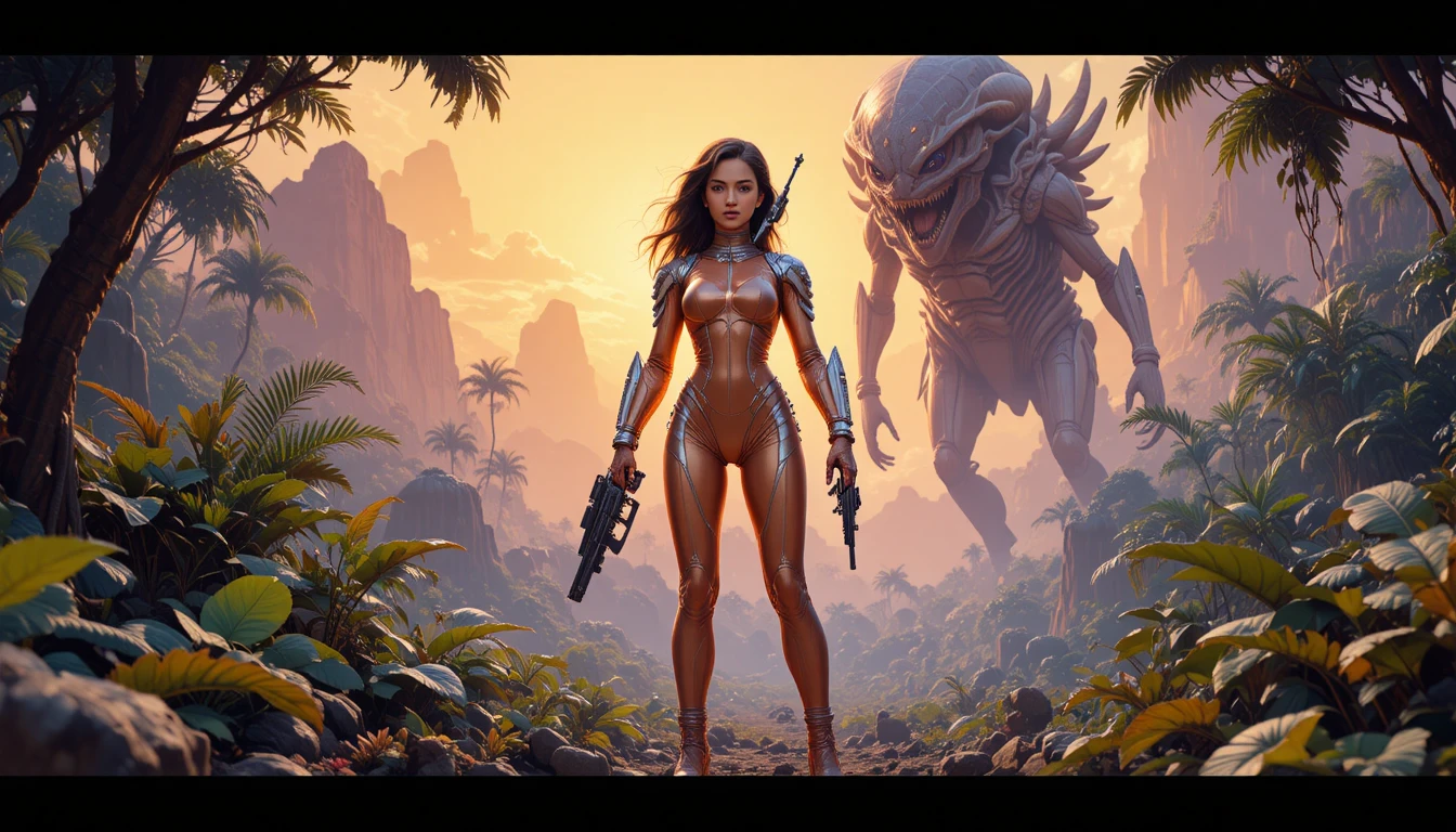 Mujer espacial con pistola de rayos en un exuberante mundo de jungla alienígena