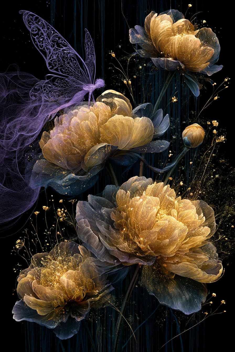 Flores doradas y hada delicada en un vacío oscuro