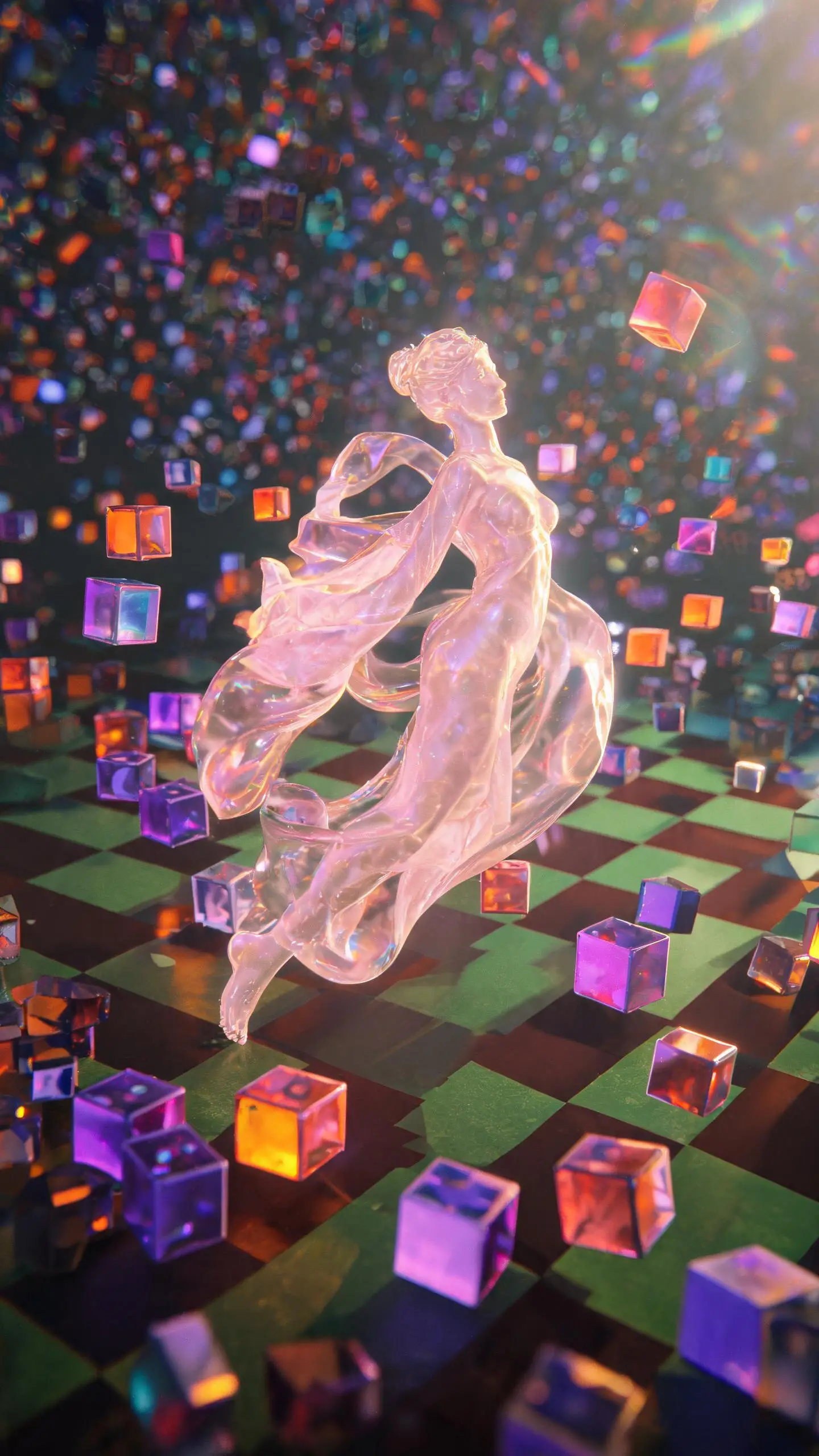 Sculpture surréaliste rose translucide au milieu de cubes flottants lumineux