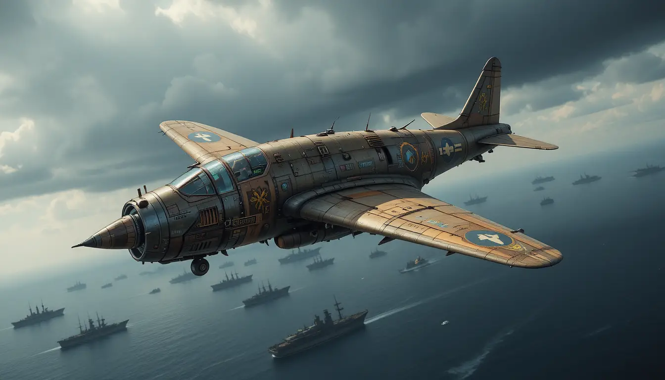Caccia a reazione steampunk che sfreccia sopra un oceano in tempesta