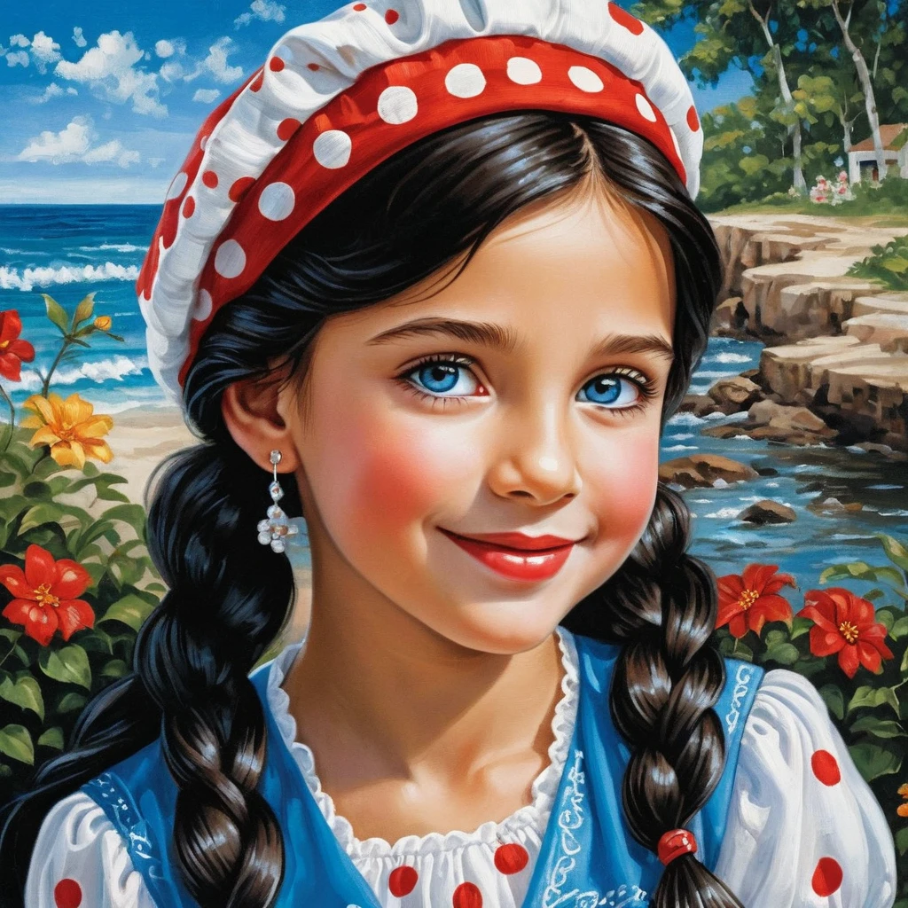 Niña sonriente de ojos azules con larga trenza de cabello negro