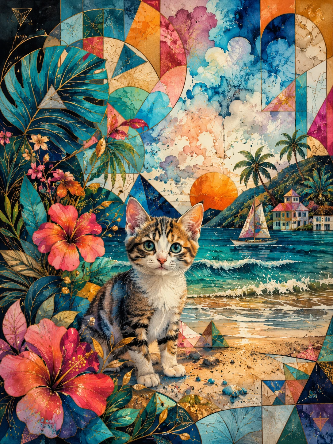 青々とした植物に囲まれた南国ビーチのかわいい子猫