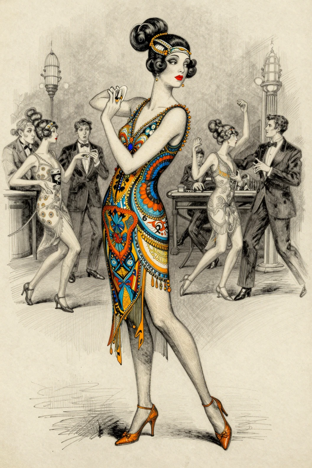 Mujer elegante de los años 20 en una animada escena nocturna