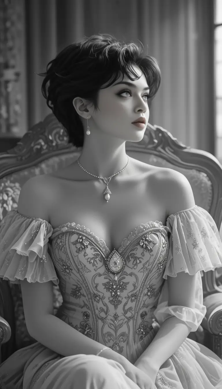 Serene woman in victorian gown seated in armchair