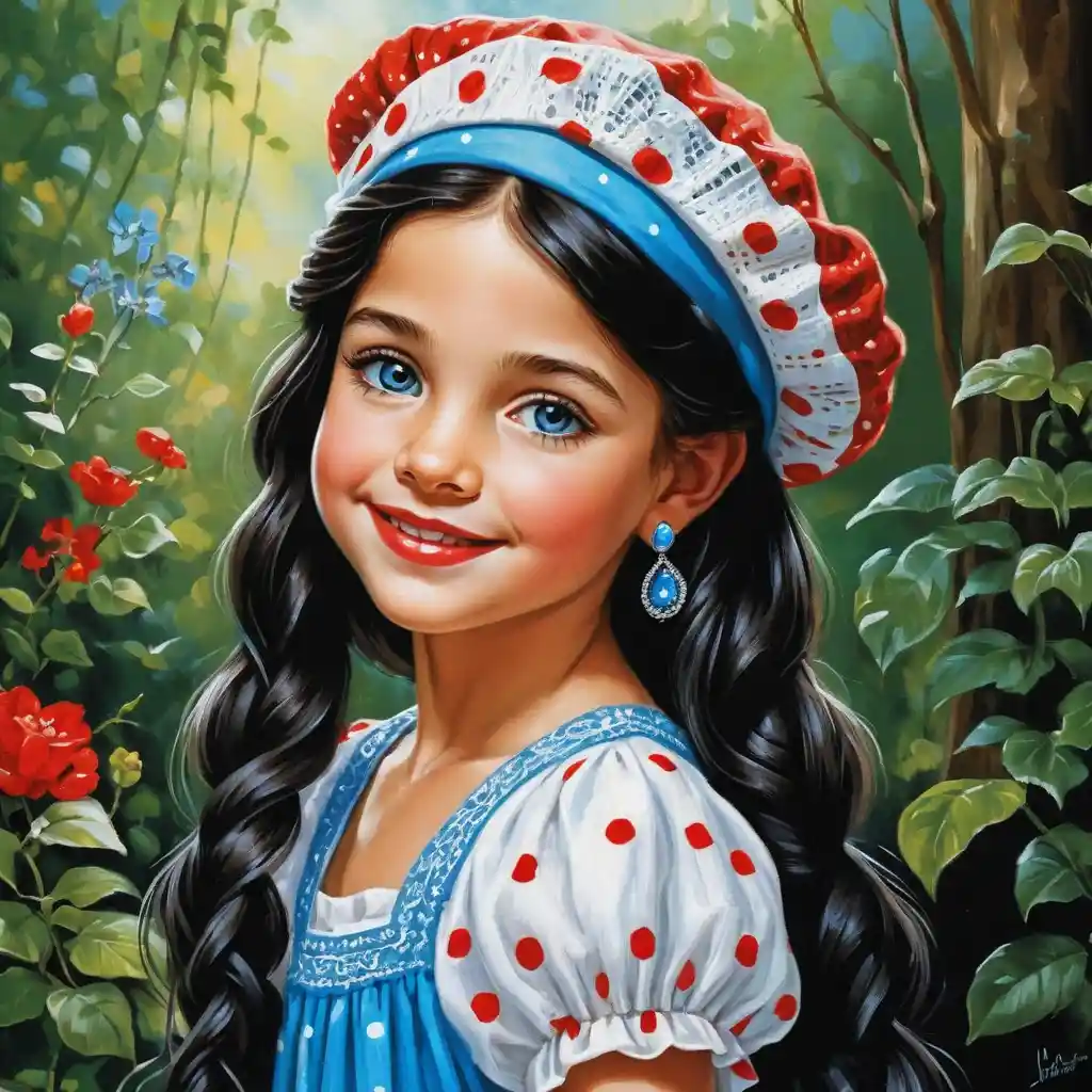 Smiling girl with long braids in white and red polka dots