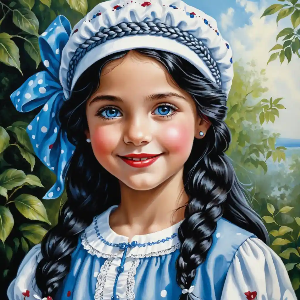 Smiling girl with blue eyes in a white polka dot outfit