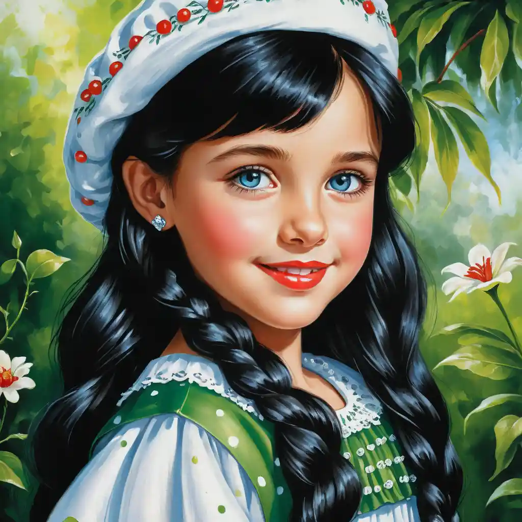 Smiling girl in white and green beret close up portrait