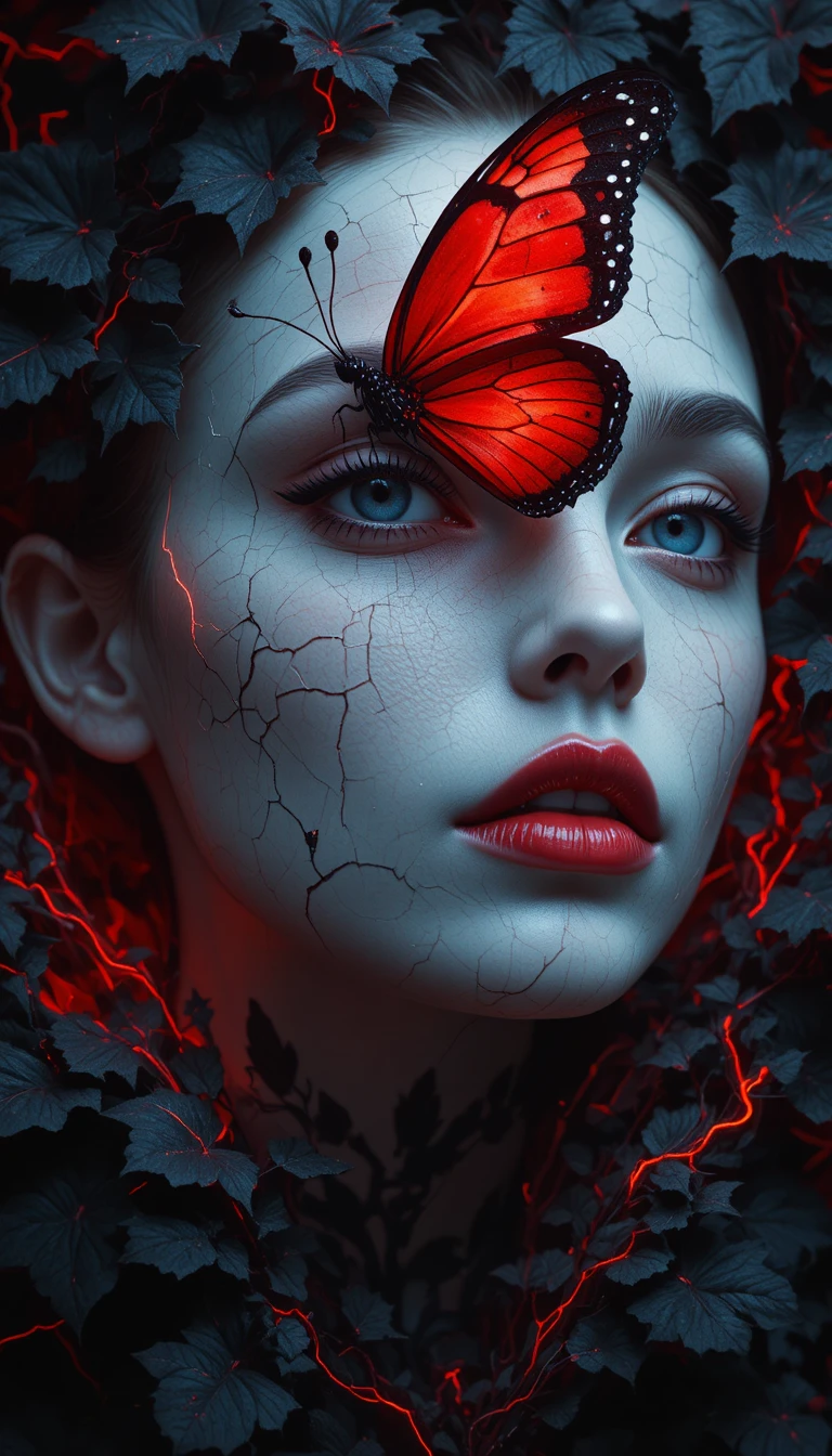 Retrato Gótico Surreal de una Mujer con Rostro de Porcelana Agrietada