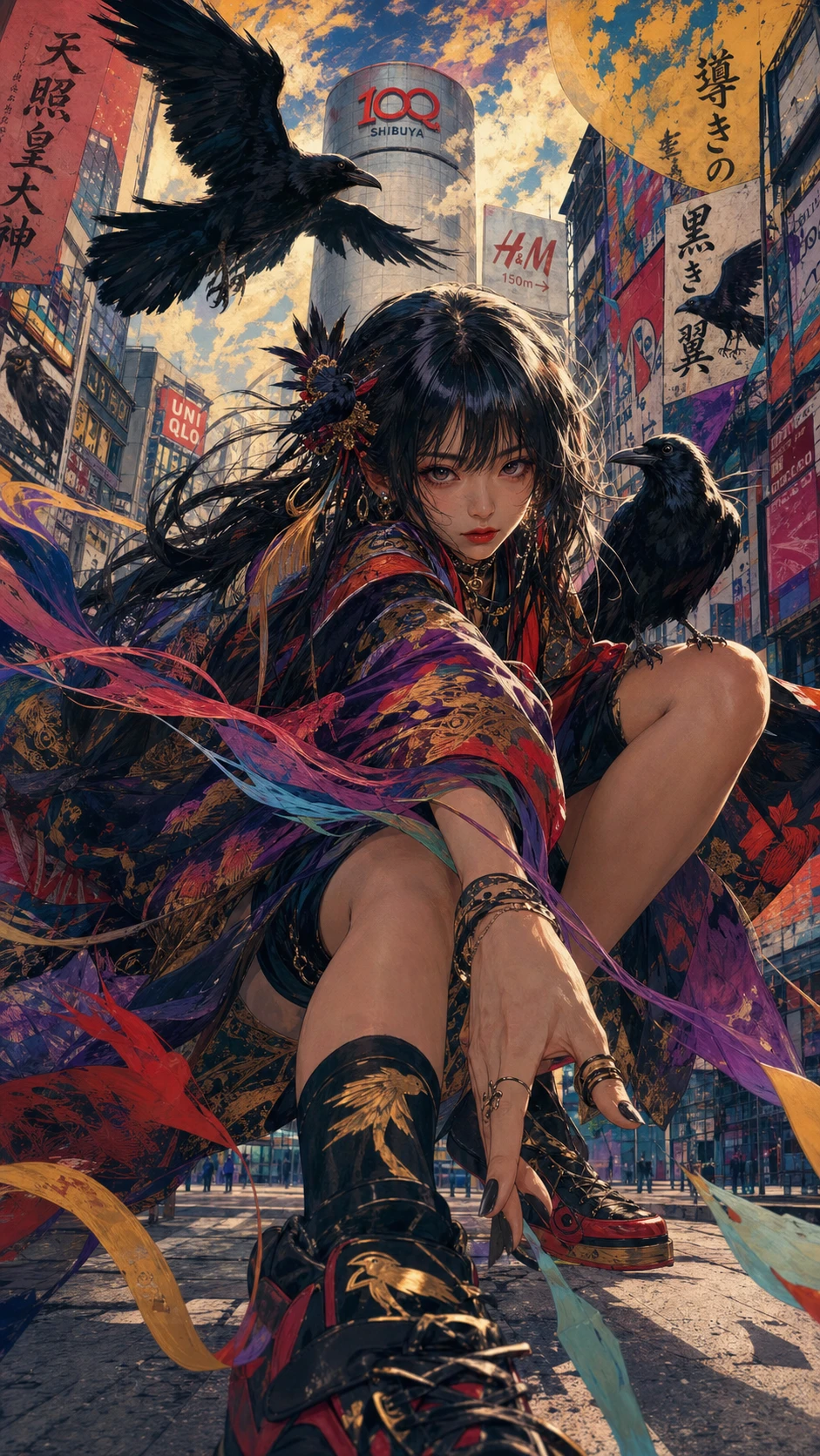 Retrato fantástico en ángulo bajo de una chica callejera de Shibuya agachada