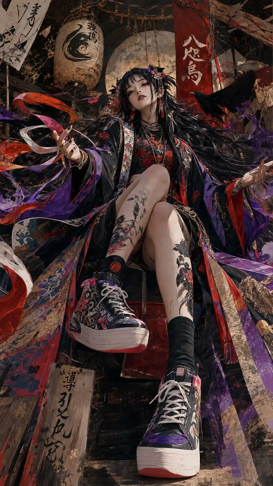 Garota fantástica em vibrante streetwear inspirado em Shibuya