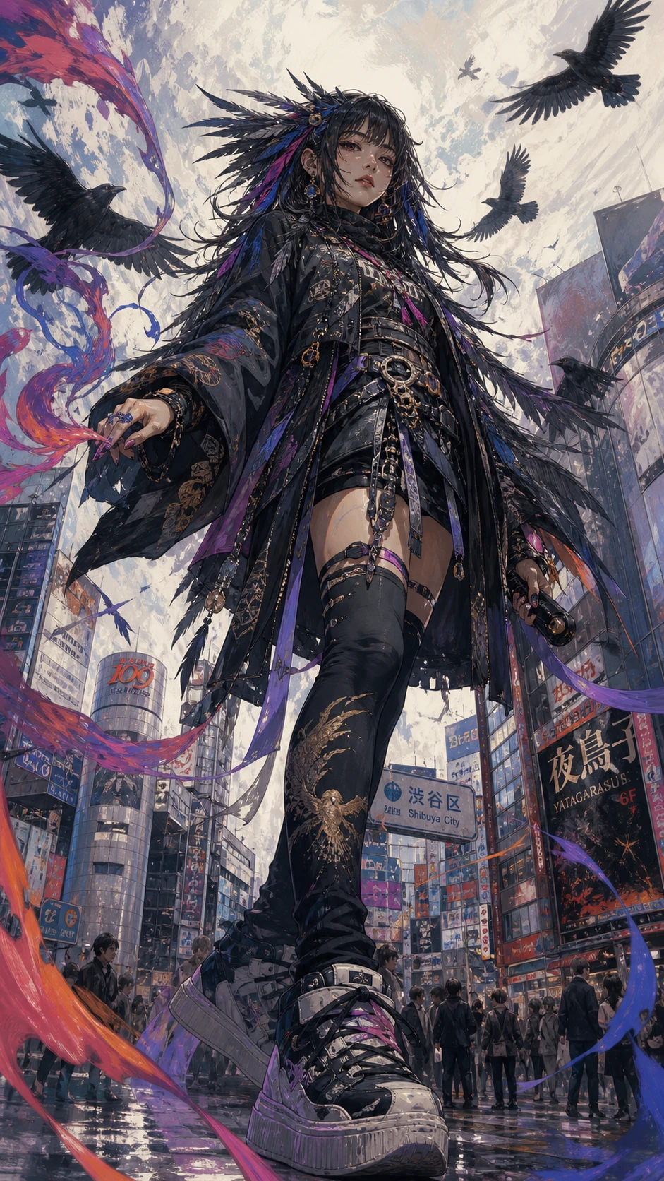 Retrato de fantasía en ángulo bajo de una chica callejera de Shibuya