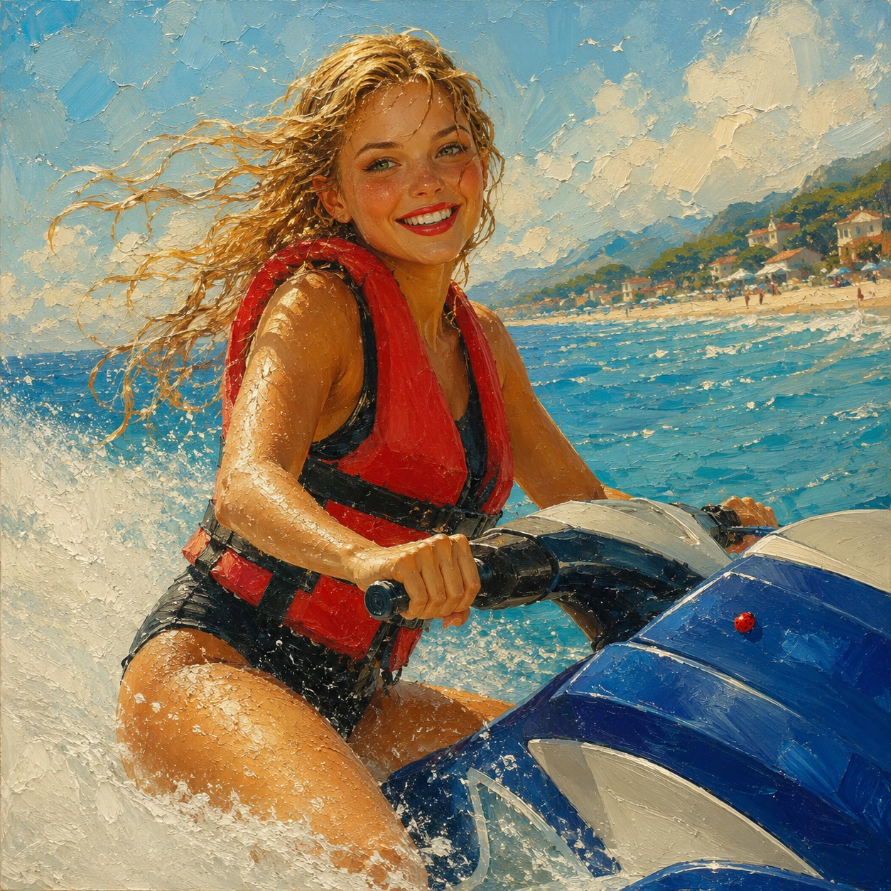 Mujer conduciendo una moto de agua en el mar veraniego y soleado cerca de la playa