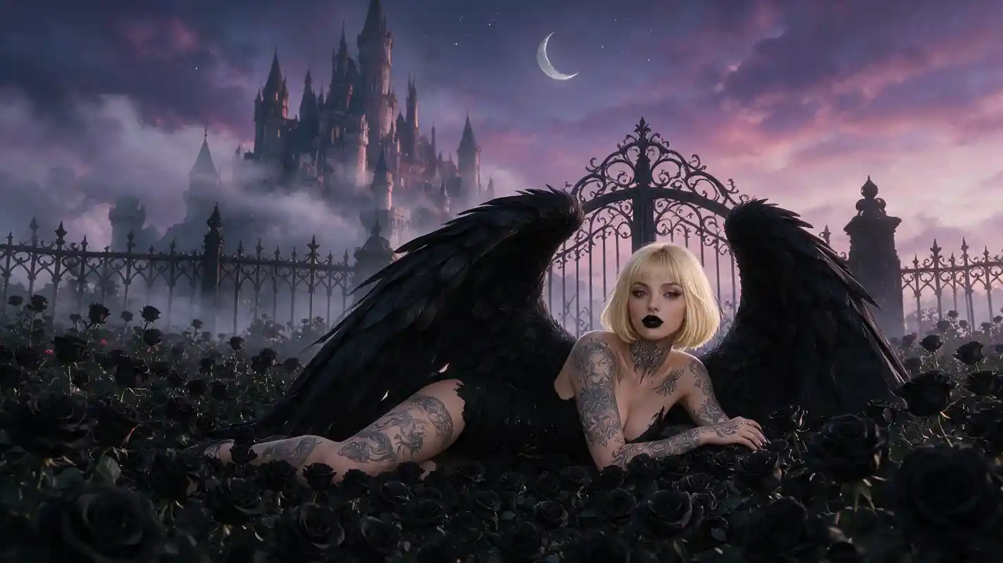Goth angel with black wings resting in a dark rose garden