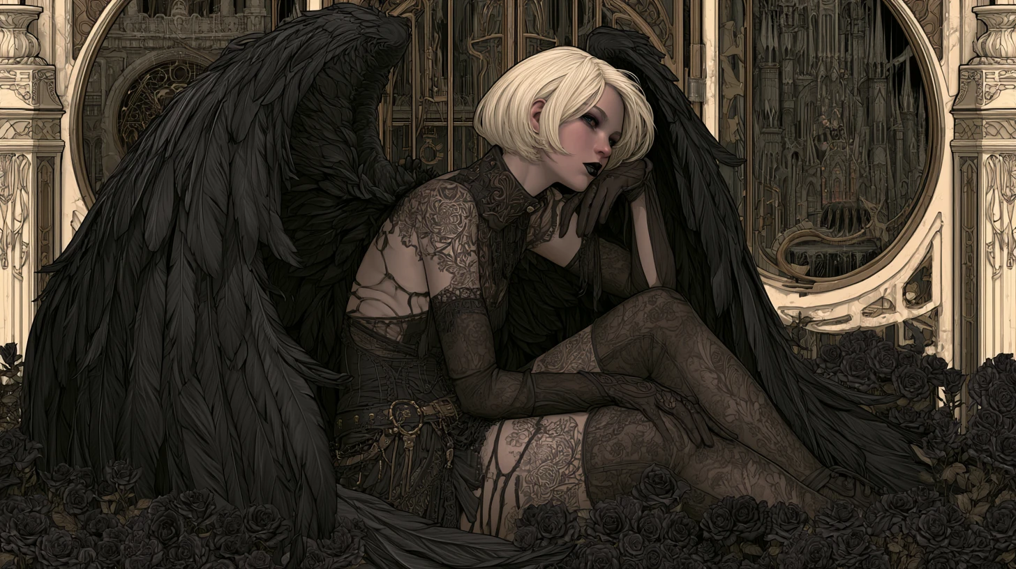 Goth angel with black wings resting in dark rose garden
