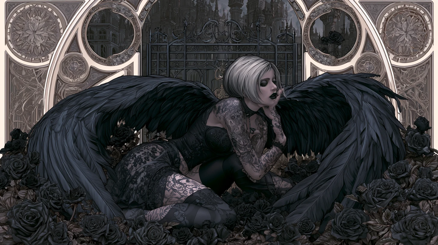 Goth angel with black wings resting in dark rose garden