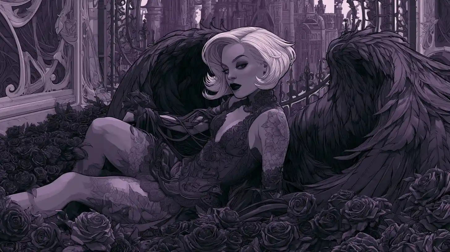Ange gothique aux ailes noires reposant dans un jardin de roses sombres