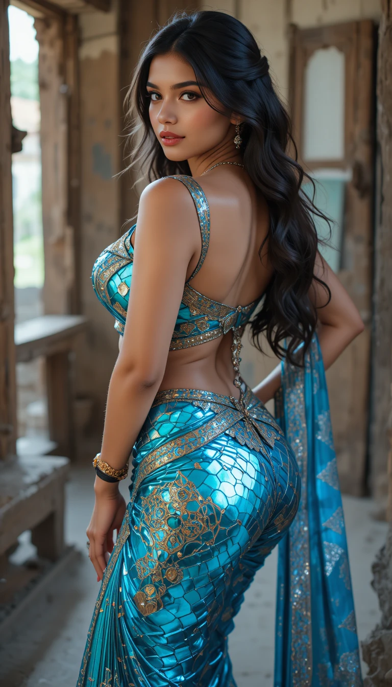 Mujer tamil con sari de espejo brillante en pose de moda de cuerpo entero