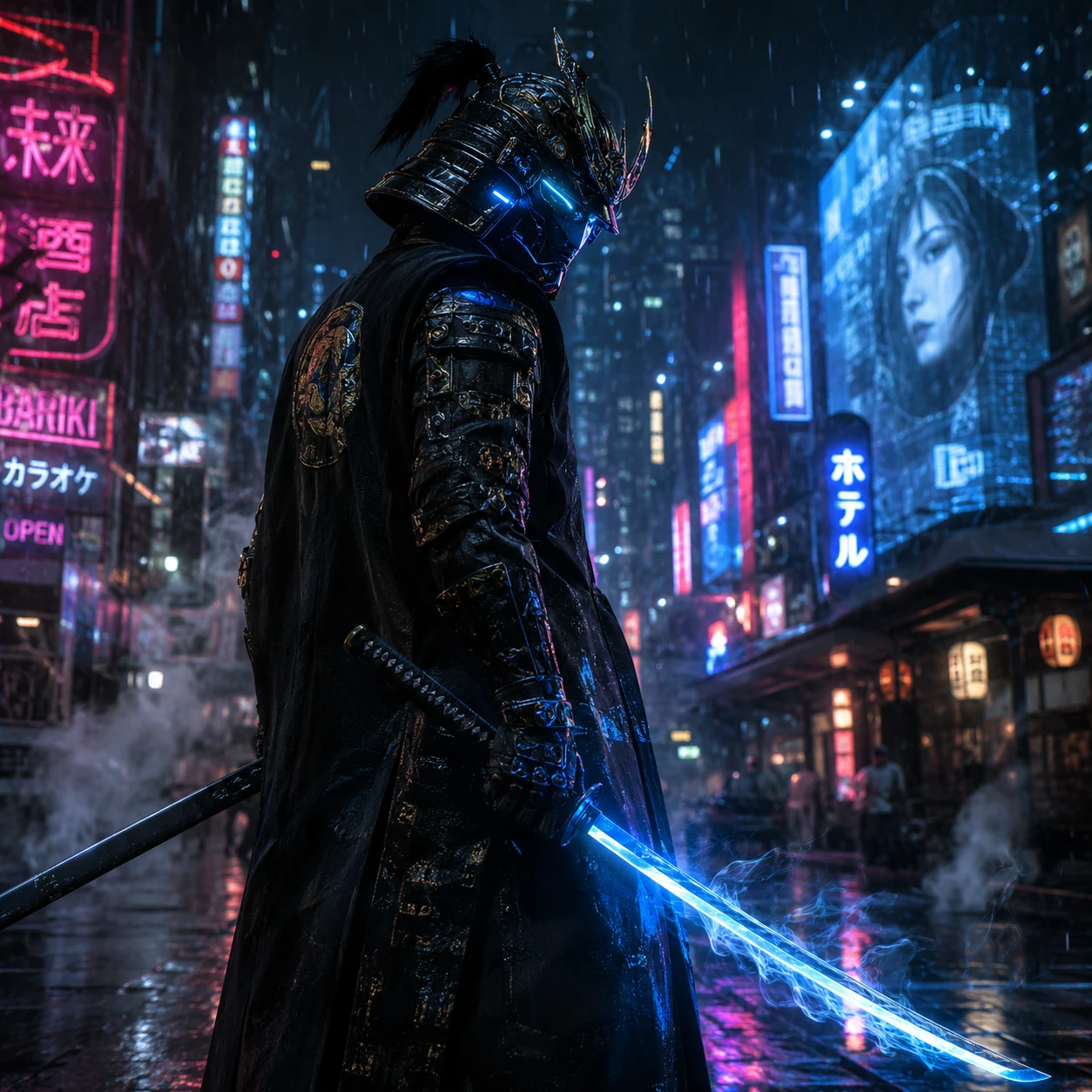 Samurái cyberpunk en un callejón de neón en una noche lluviosa