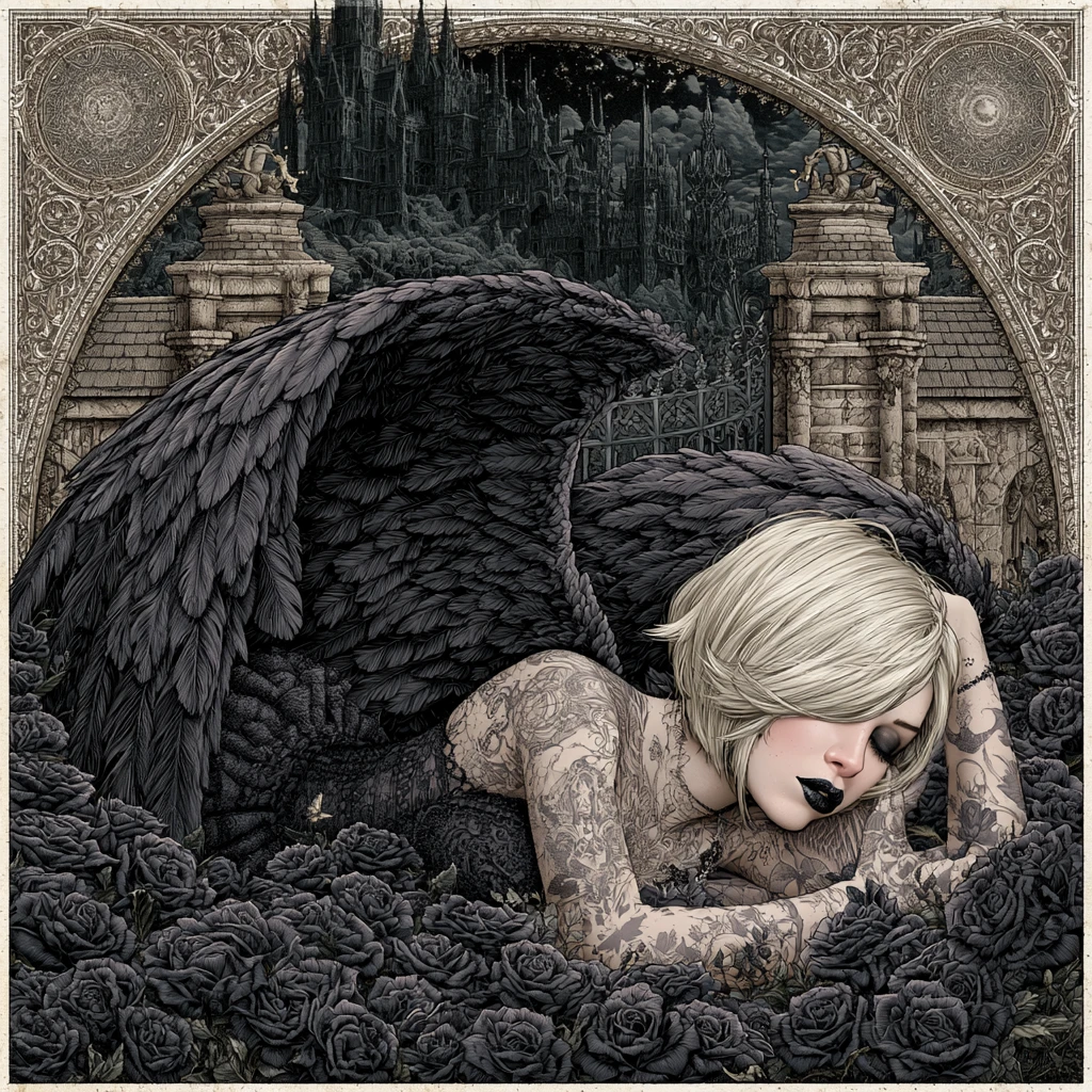 Goth angel with black wings resting in dark rose garden