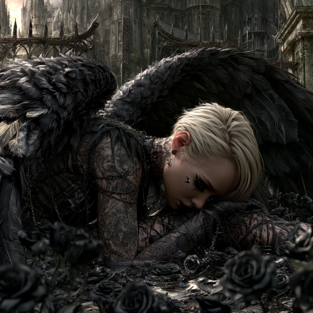 Goth angel with black wings resting in dark rose garden