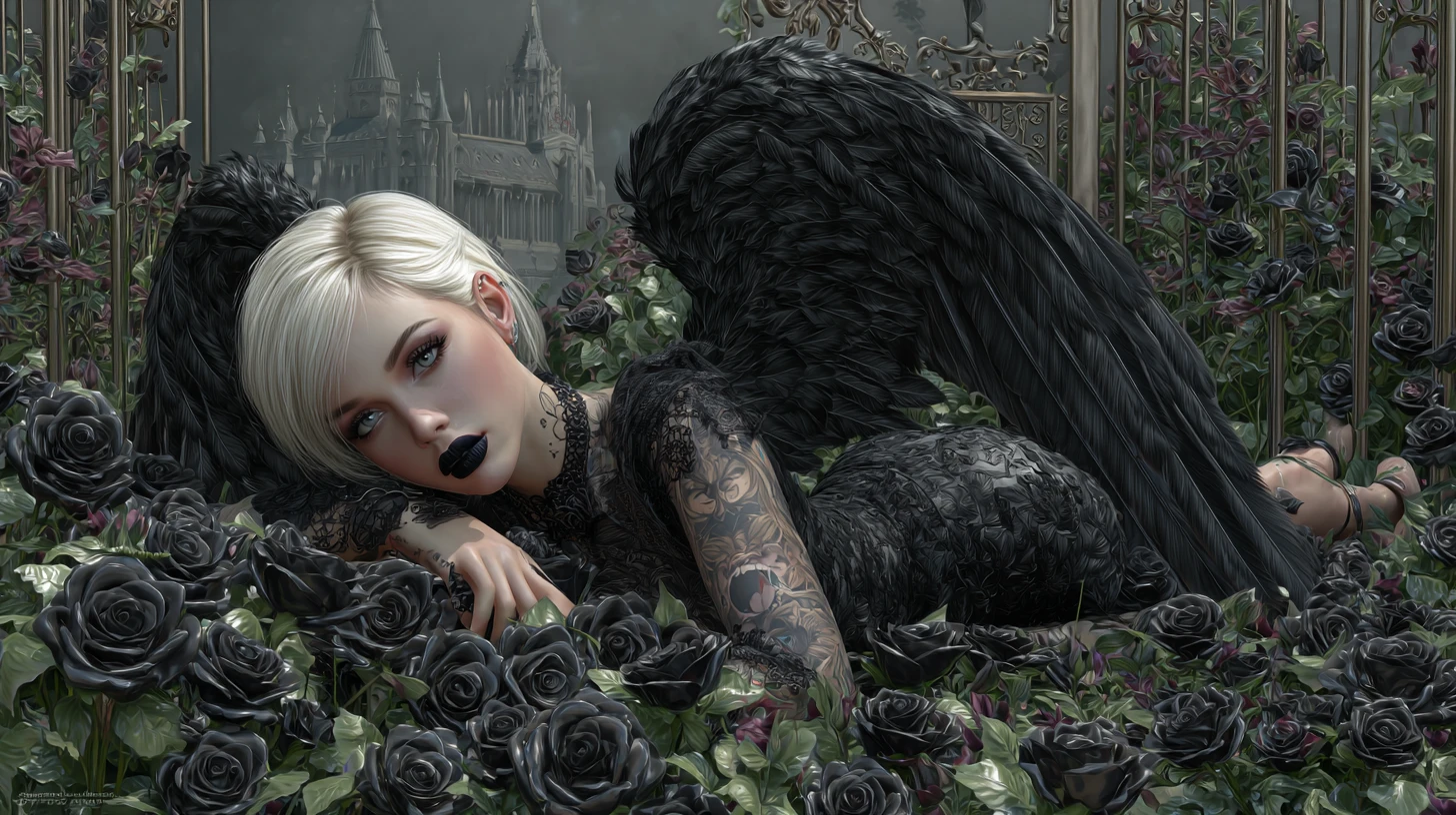 Anjo gótico com asas negras descansando em jardim de rosas escuras