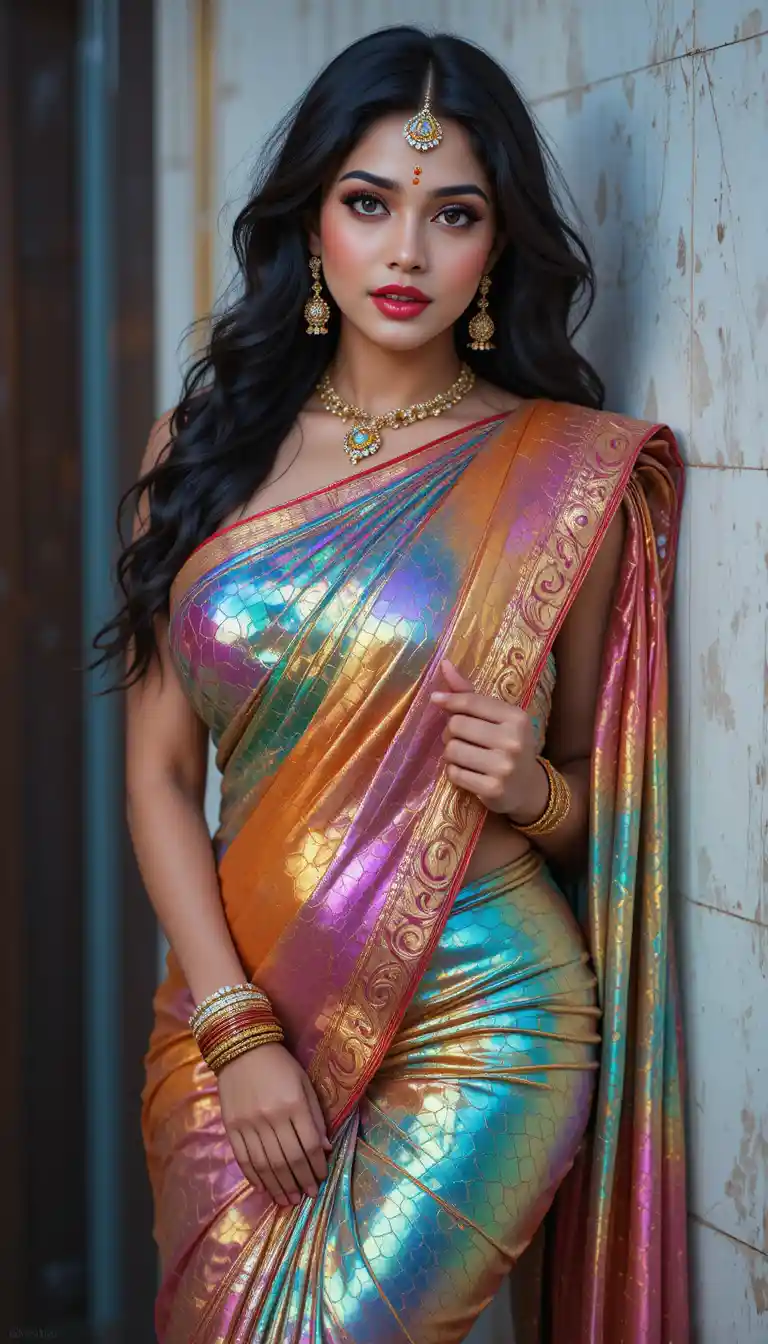Donna tamil in sari riflettente piegata in avanti alla vita