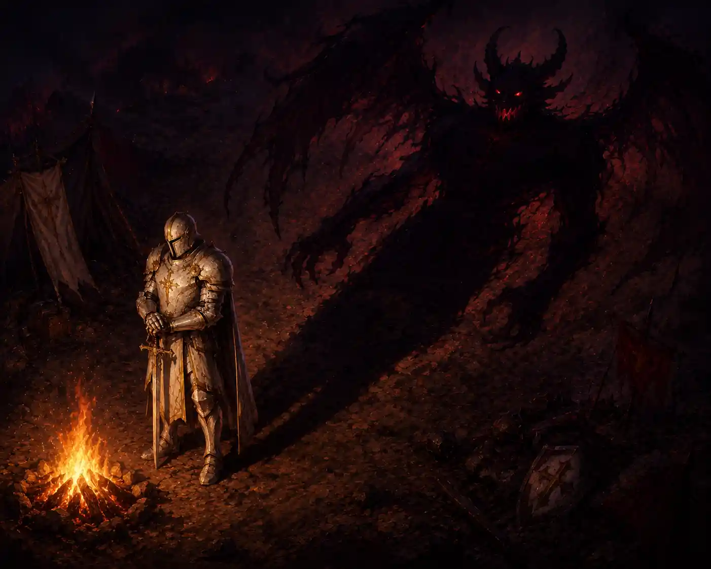 White armored paladin casting a demonic shadow by fire