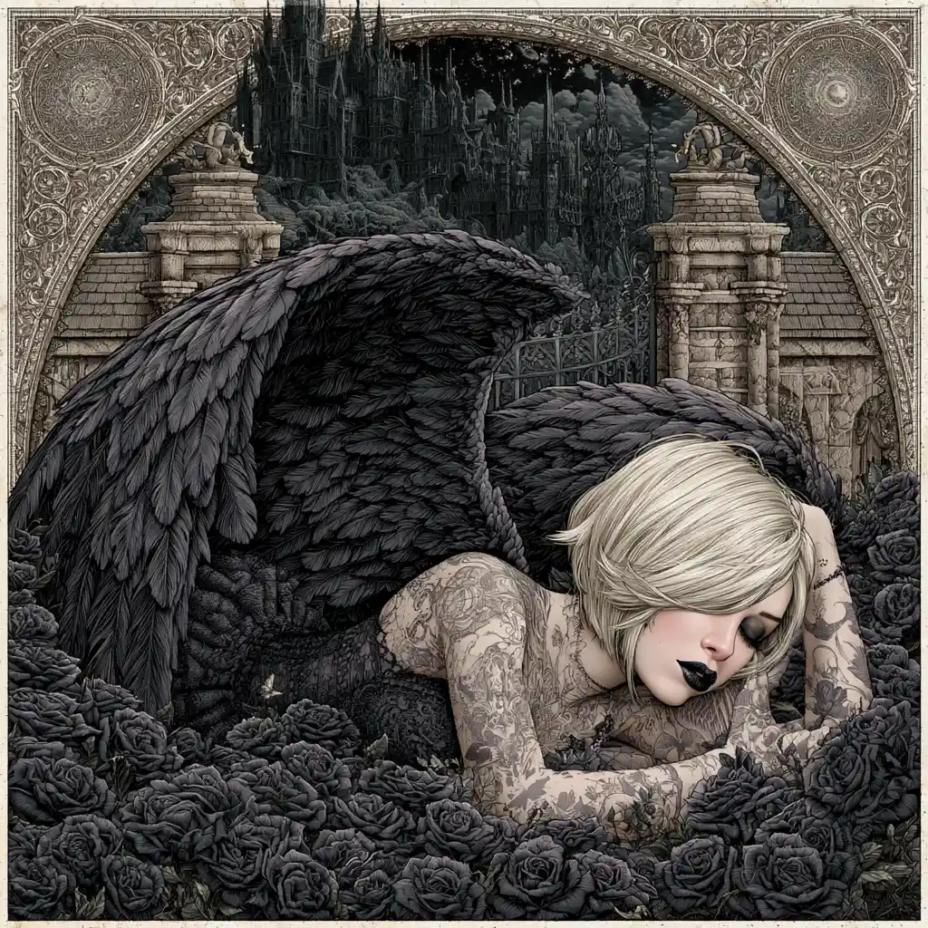 Goth angel with black wings resting in dark rose garden