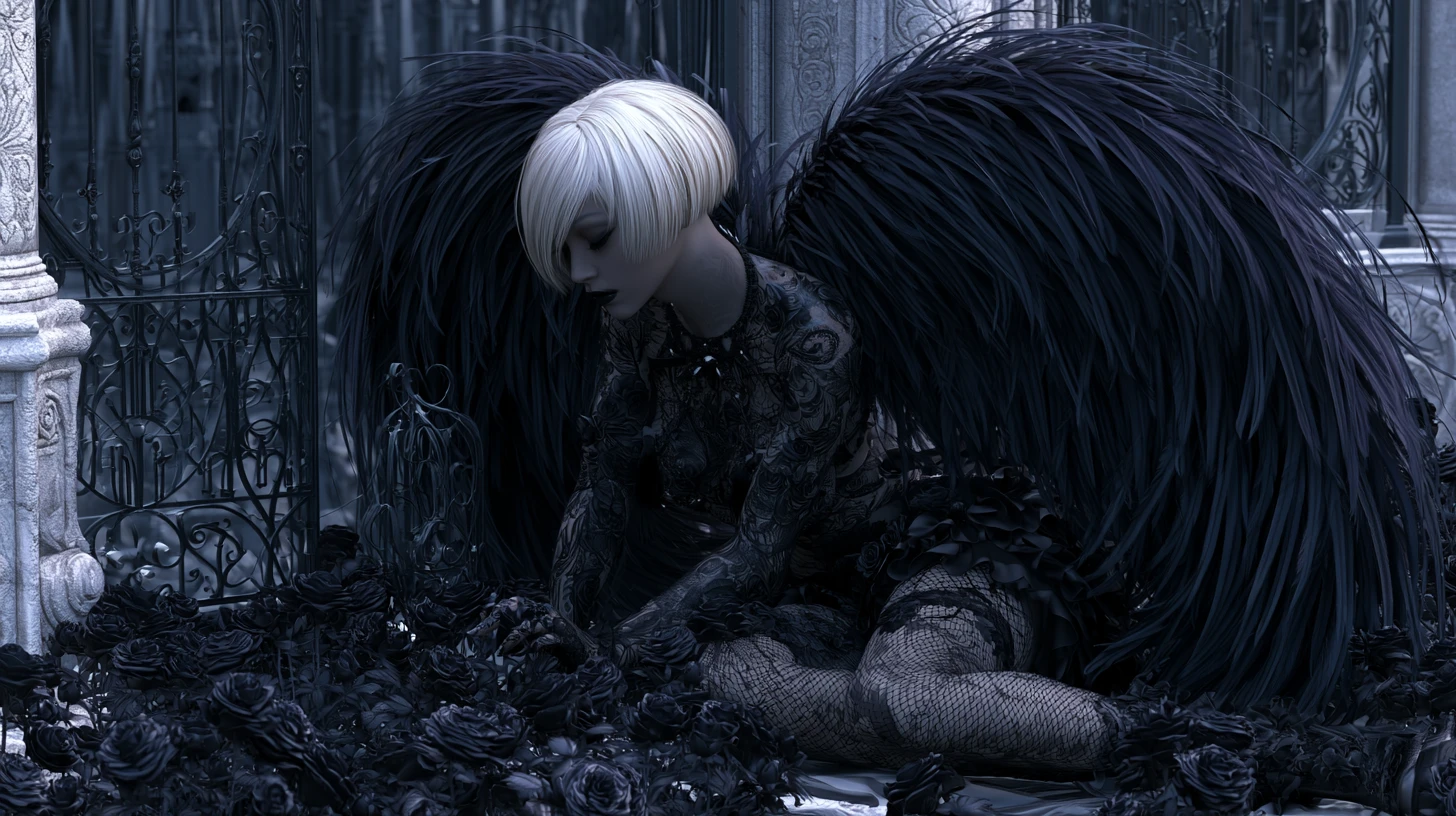 Goth angel with black wings resting in dark rose garden