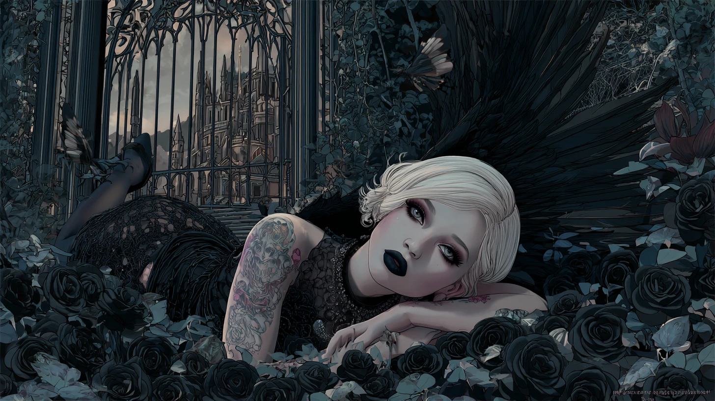 Goth angel with black wings resting in dark rose garden