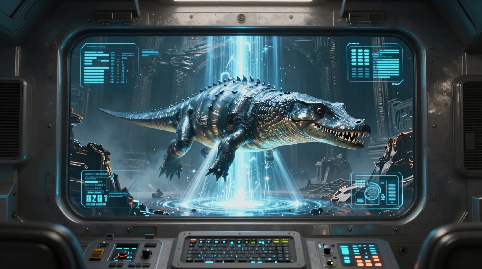 Cockpit blindé futuriste avec affichage holographique de dinosaure