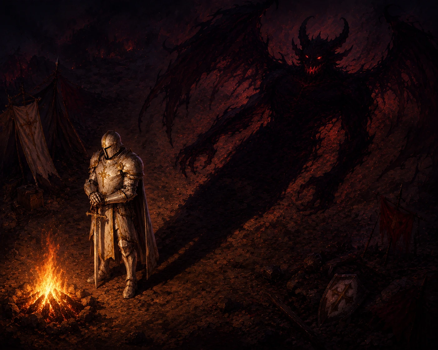 White armored paladin casting a demonic shadow by fire