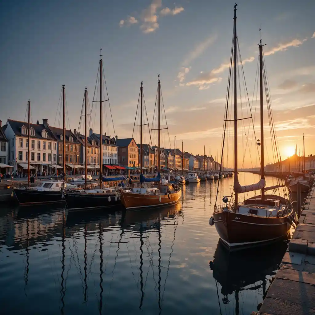 Port tranquille avec voiliers traditionnels au coucher de soleil chaleureux