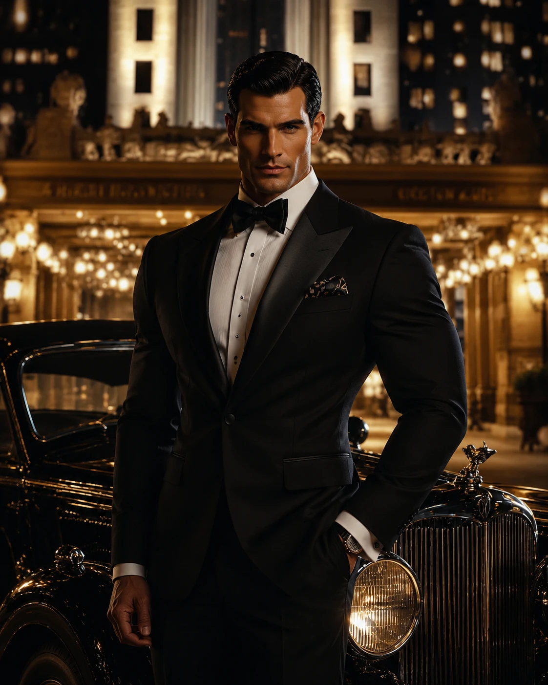Hombre guapo y musculoso con un refinado esmoquin negro