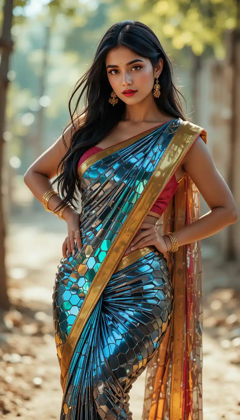Tamil woman in glossy mirror saree full body pose