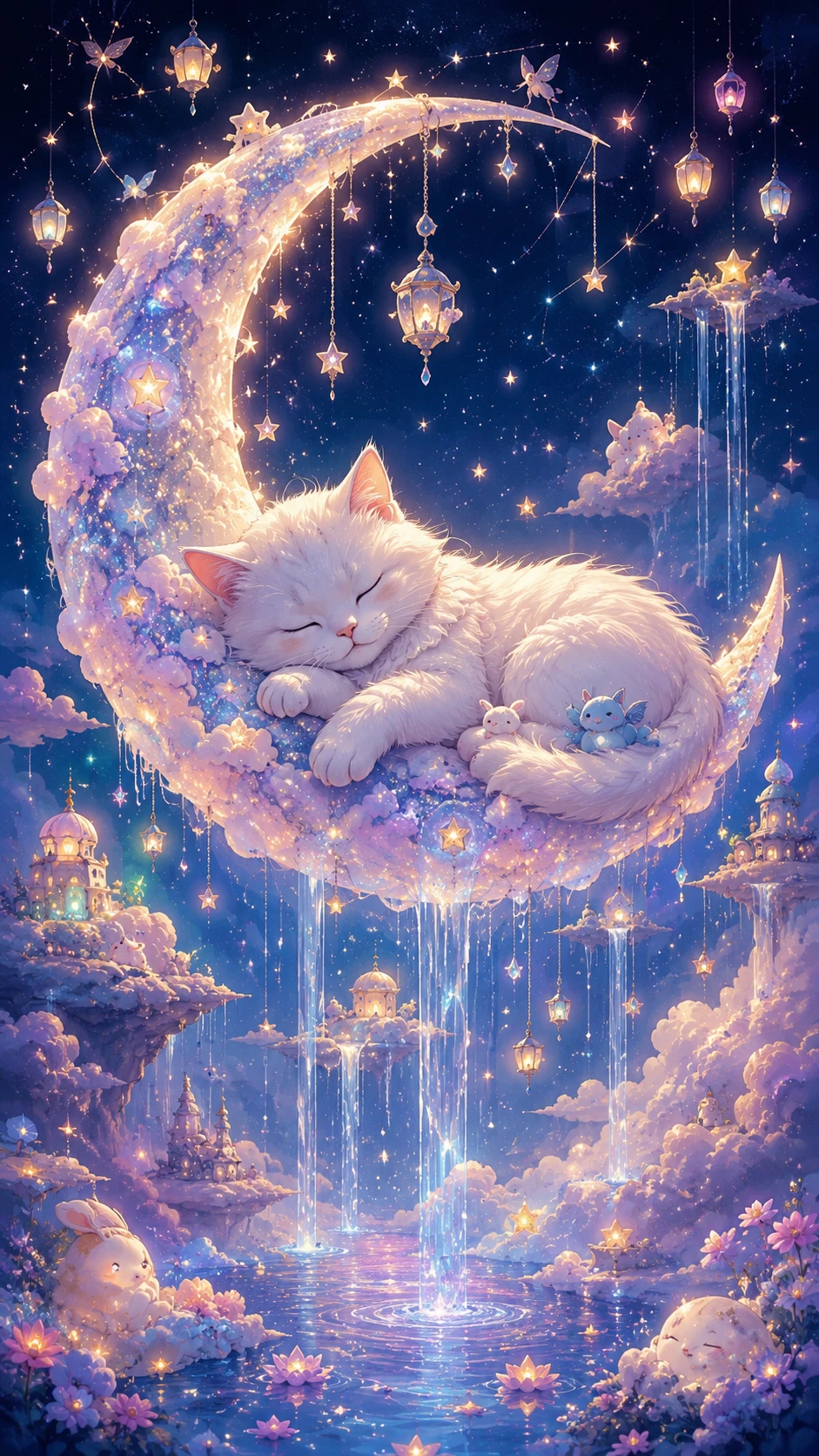 Gato blanco durmiendo en una luna creciente en un cielo de ensueño