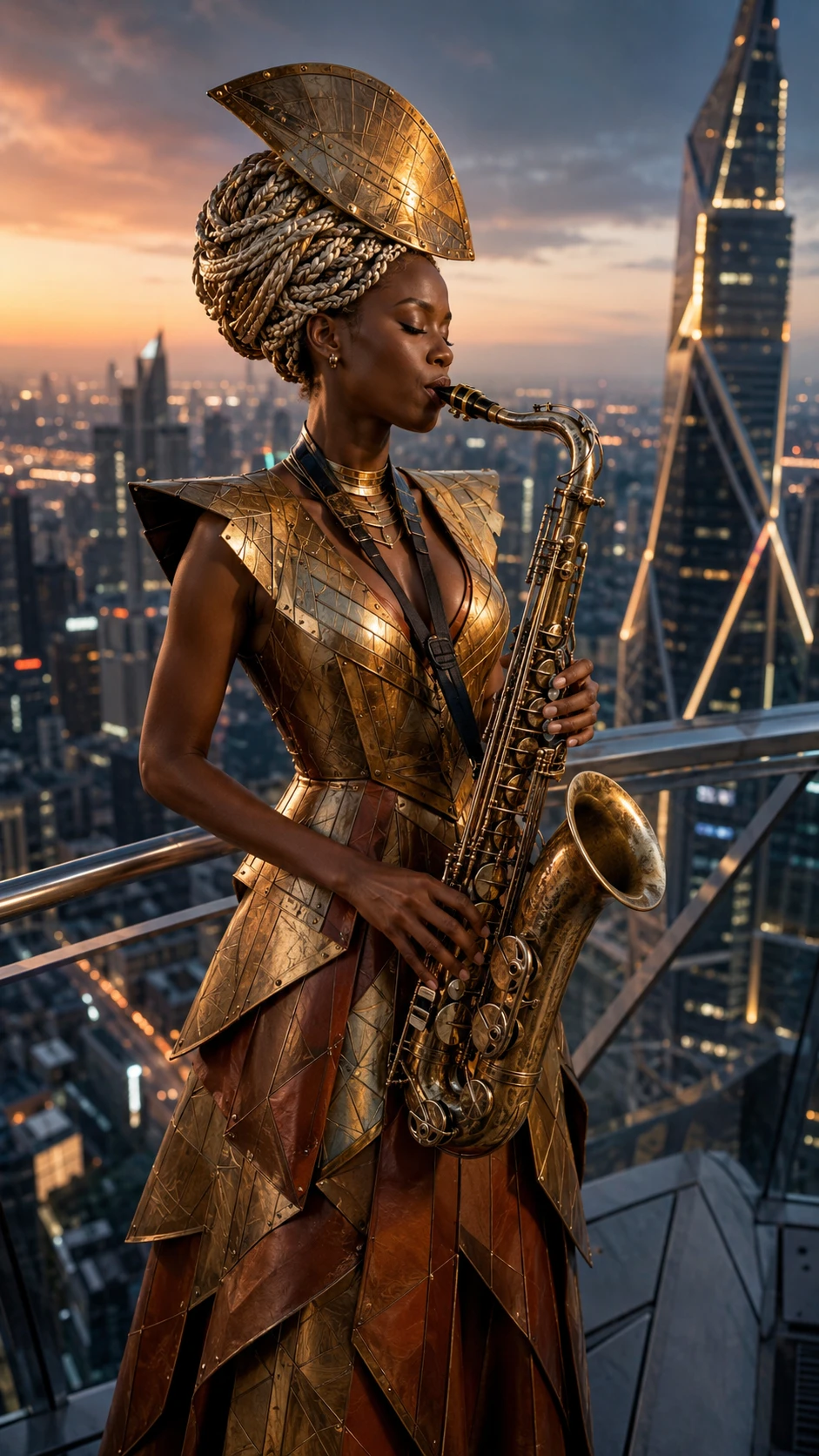Saxofonista tocando en la azotea de una ciudad al atardecer