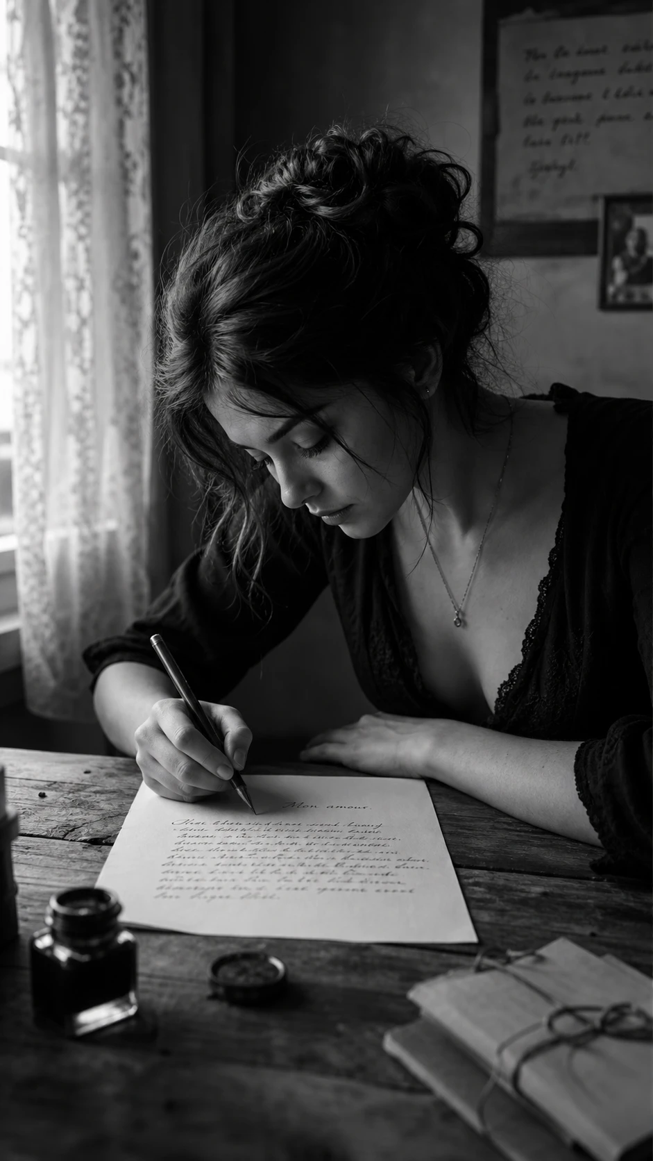 Joven escribiendo una carta de amor en una mesa de madera