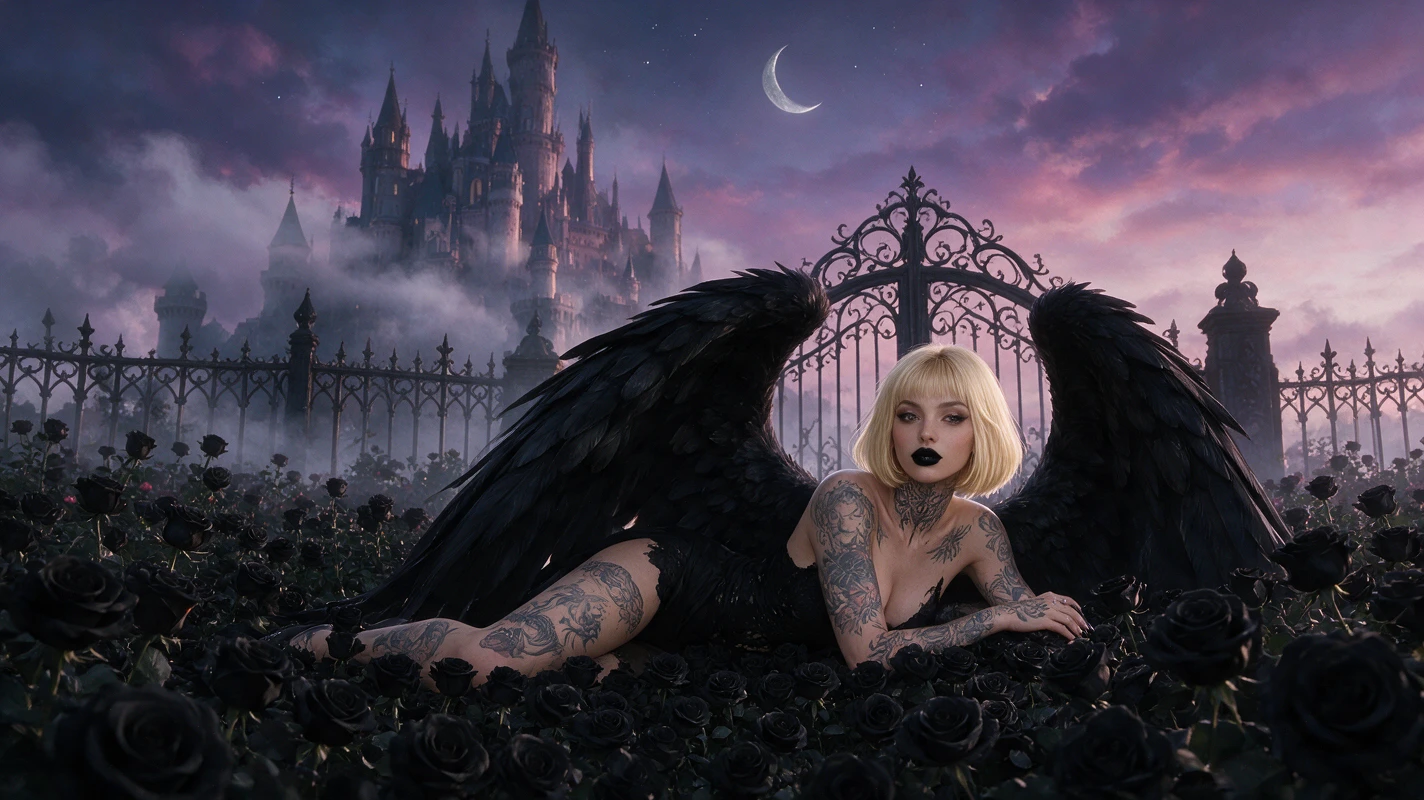 Goth angel with black wings resting in a dark rose garden