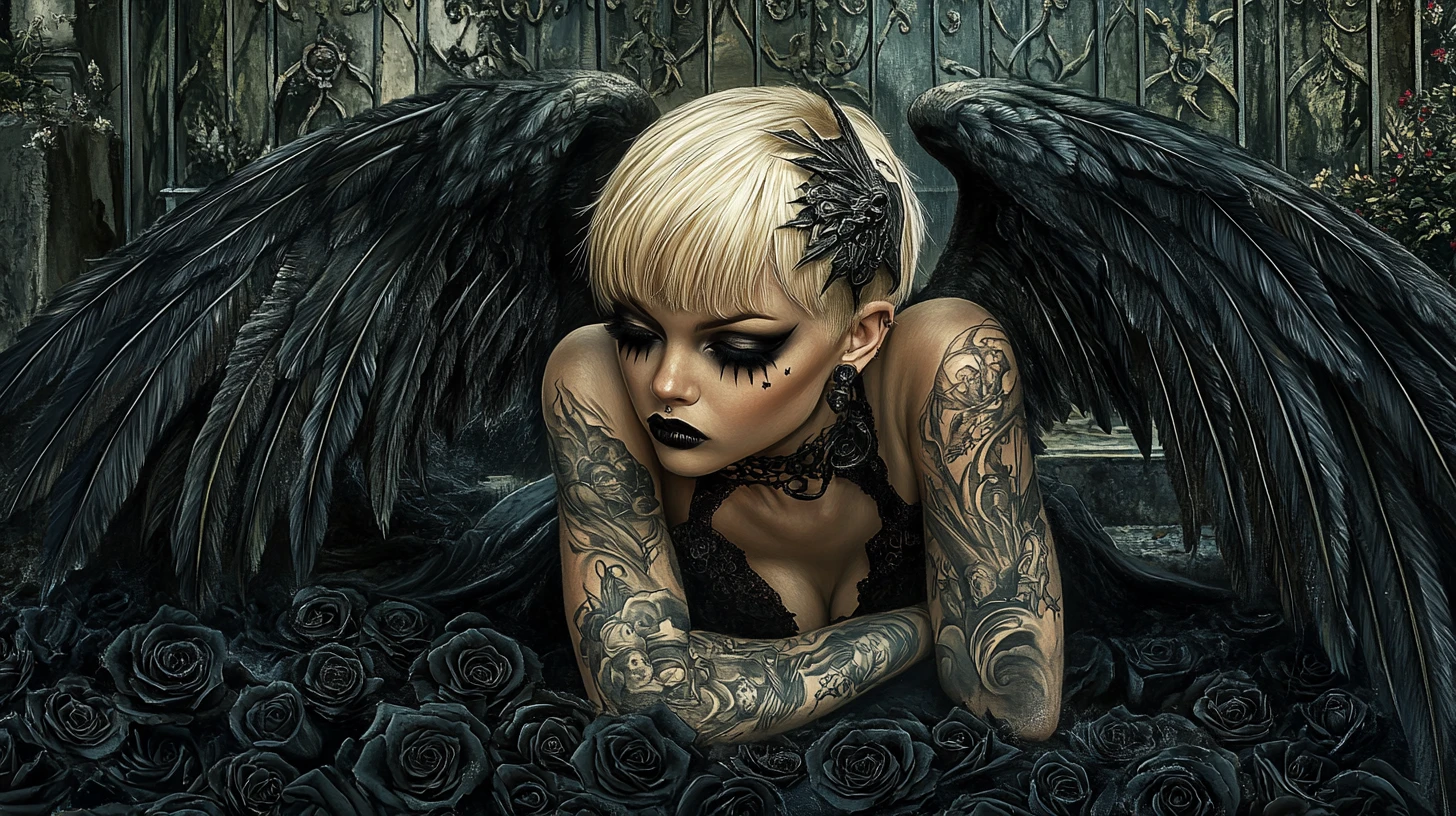 Goth angel with black wings in a garden of roses