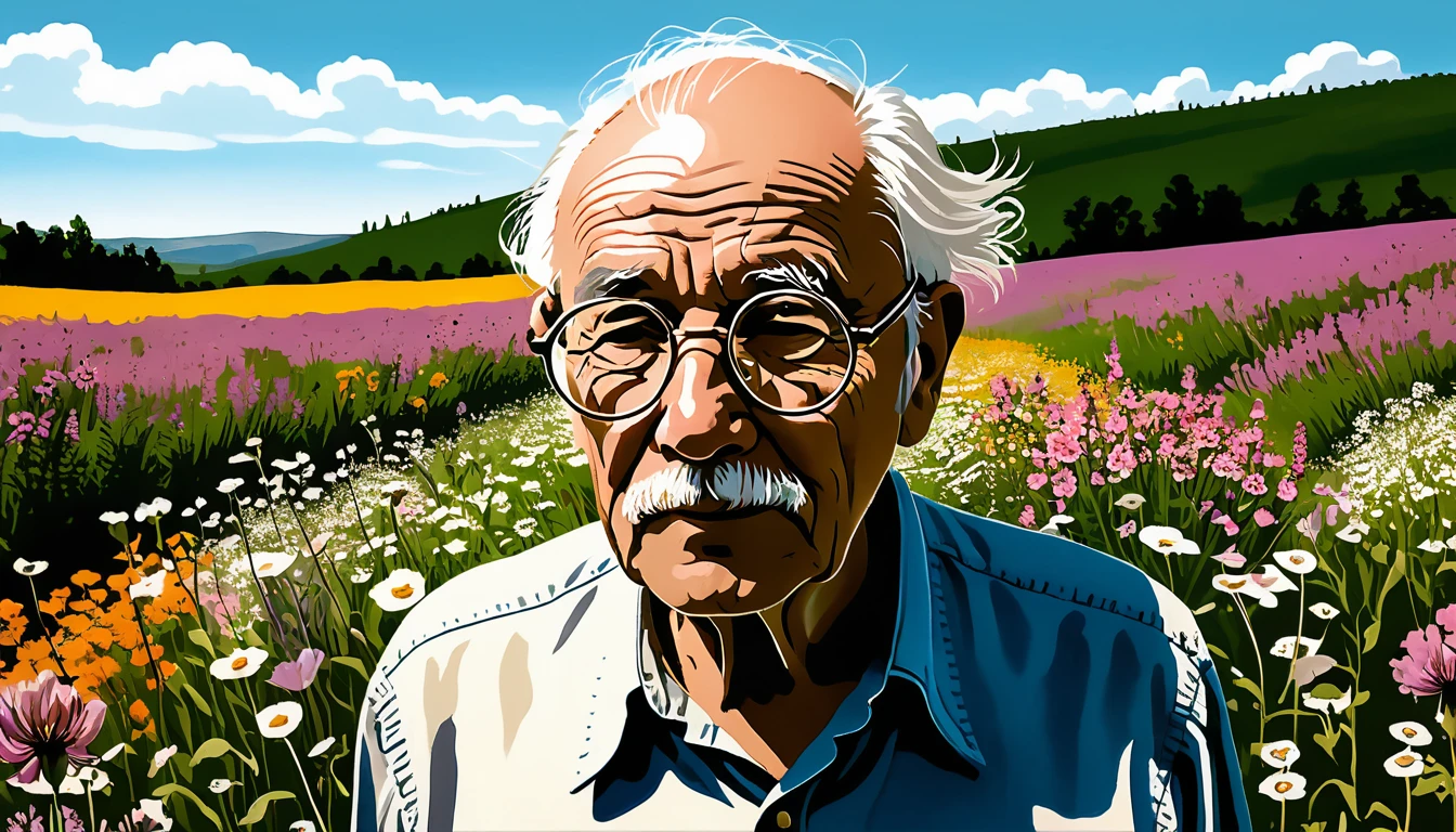 Hombre Mayor con Gafas Redondas Contemplando un Campo de Flores Silvestres