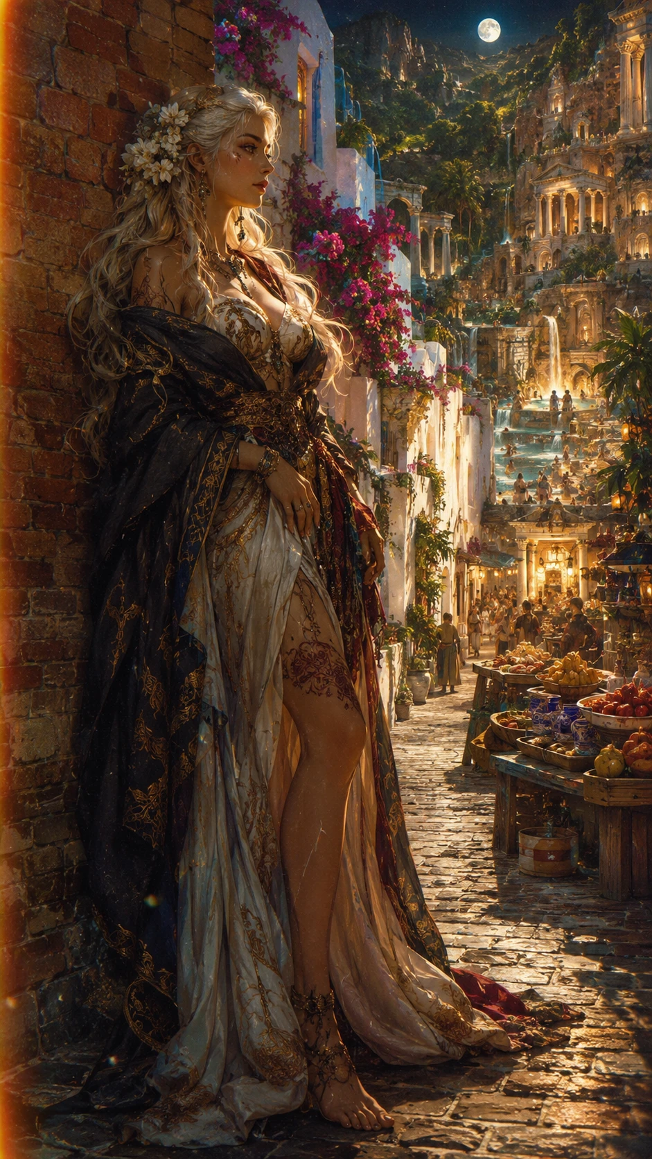 Diosa de fantasía en un callejón urbano junto a antiguas ruinas