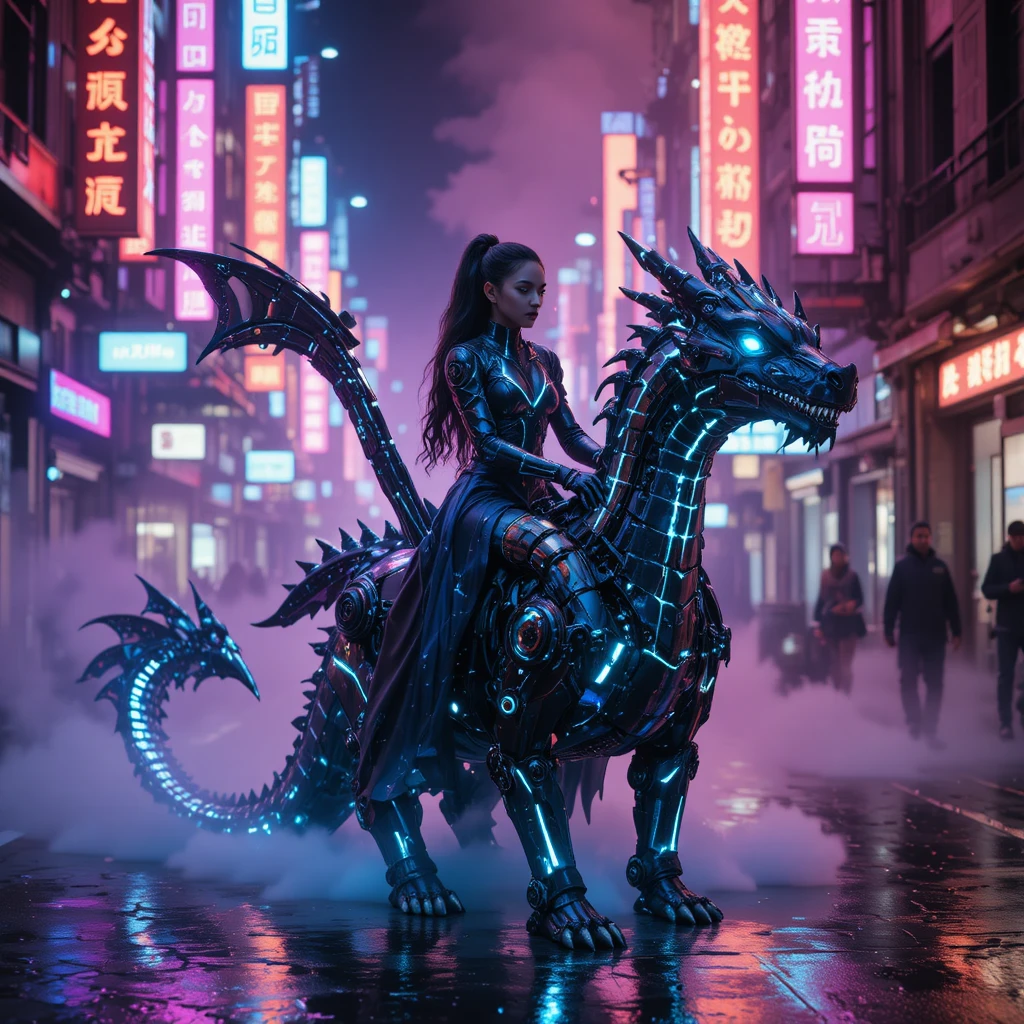 Jinete de dragón futurista en una calle neón de ciudad cyberpunk