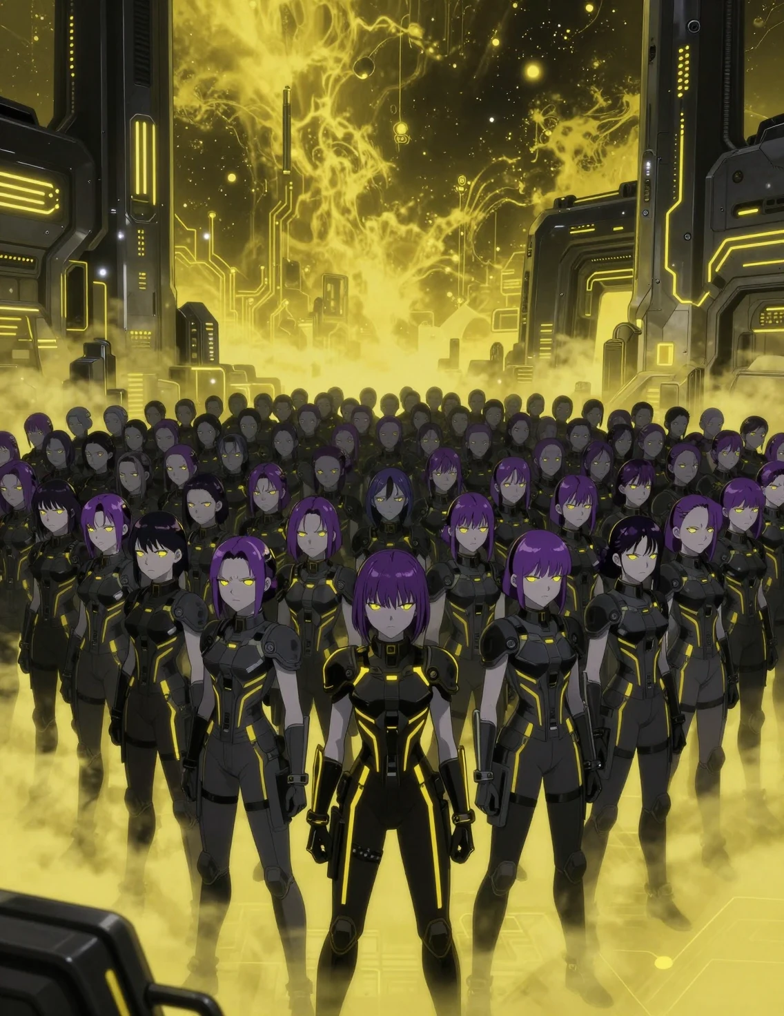 Enorme Multitud de Chicas Sci‑Fi de Piel Gris con Armadura de Neón
