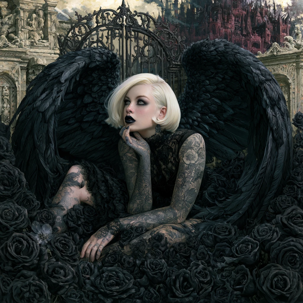 Goth angel with black wings resting in dark rose garden