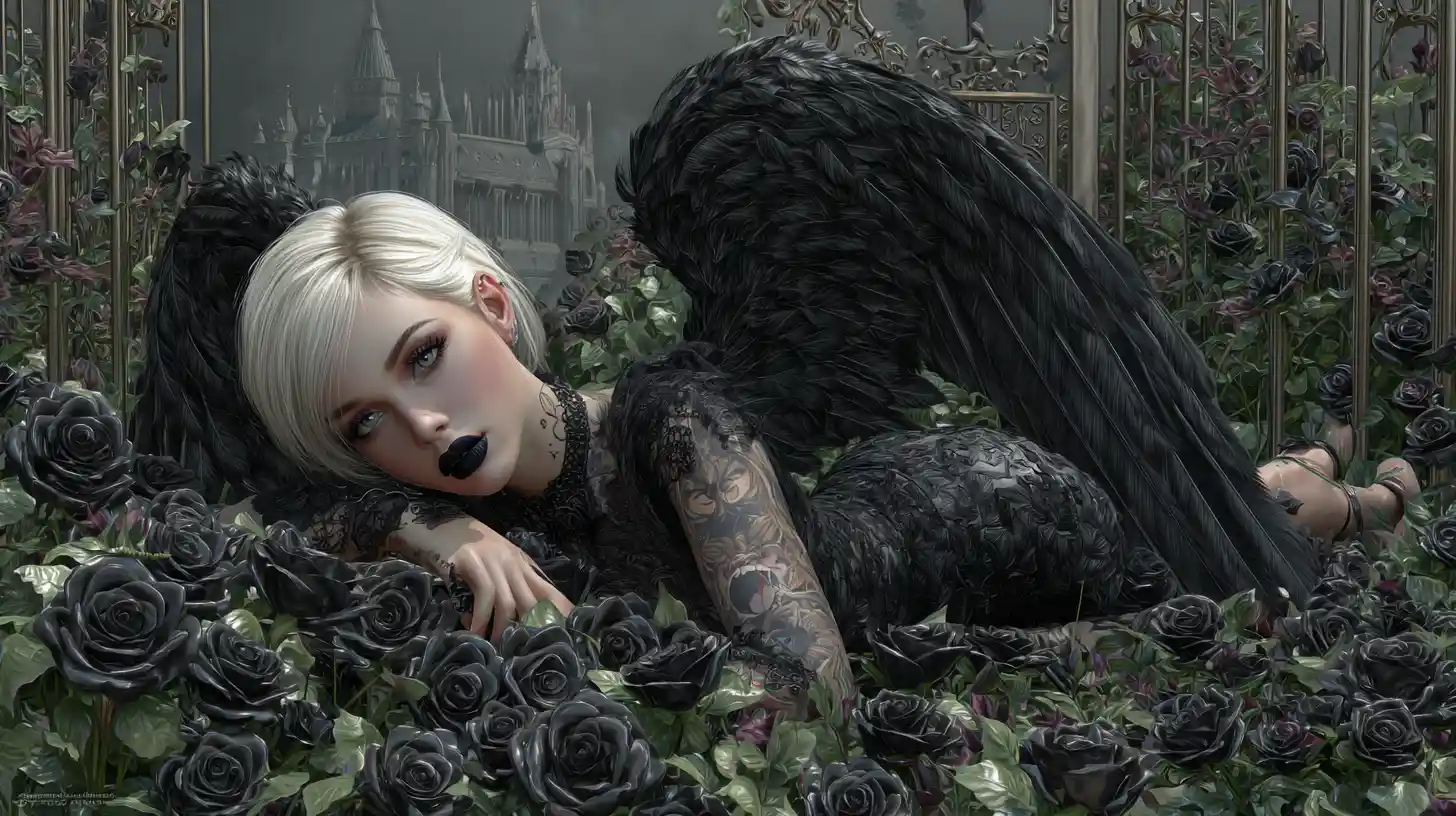 Goth angel with black wings resting in dark rose garden