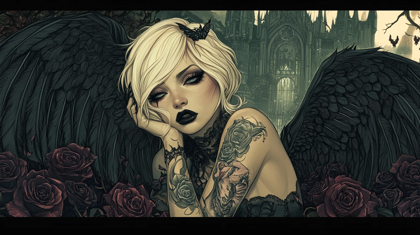 Goth angel with black wings resting in dark rose garden